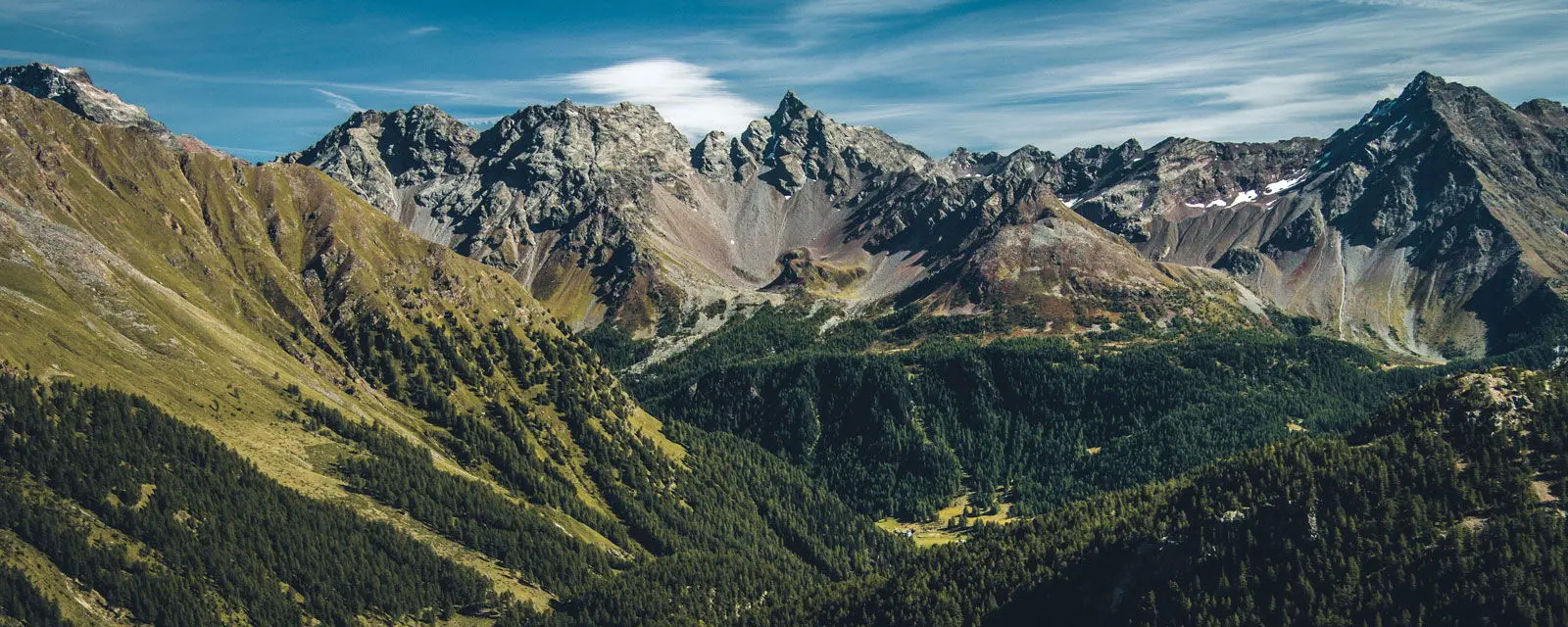 Panorama montano con vette rocciose e foresta verde sotto un cielo azzurro.